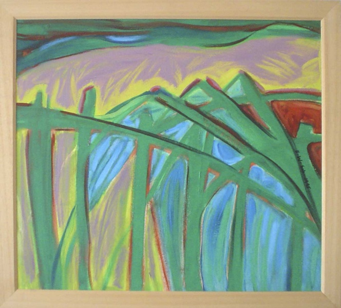 Eva Wolf-Schliesser, Hopfenlandschaft IV, 1995, Öl auf Leinwand, 58,5x 67,0 cm. Foto: Martin Wolf